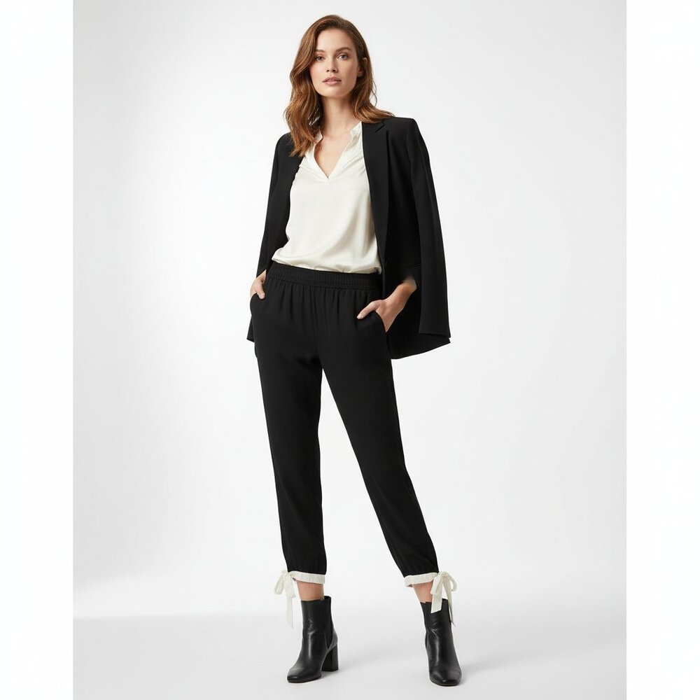 Harlyn Anthropologie Black Tapered Ankle Pants L Feminine Soft Girl Ribbon Bow